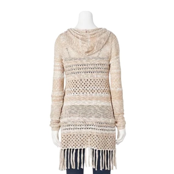 Mudd Open-Work Marled Birch Fringe Hoodie Cardigan Boho Crocheted Jacket Size M - Picture 2 of 7